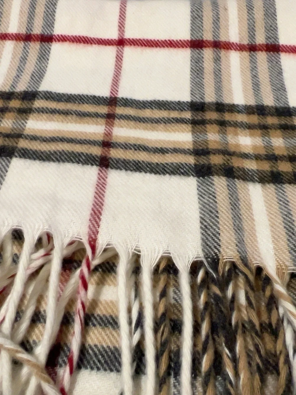 NWT V Fraas Plaid Fringe Scarf Cream Tan Black Red 70” Germany